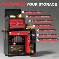 HOMCOM Tool Chest, Mobile Modular Tool Box with 5 Drawers, Side Rack, Pegboard, Lock, Tool Cabinet for Garage Workshop, Red(m-5)