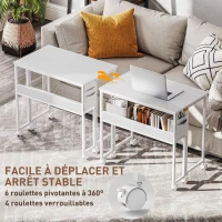 HOMCOM Bureau pliable sur roulettes 80 x 50 cm avec étagère et sac de rangement, blanc(m-6)