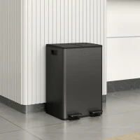 HOMCOM 2 x 28 L Doppelmülleimer, Pedalöffnung, leicht zu reinigen, Edelstahl, Kunststoff, Schwarz(m-2)