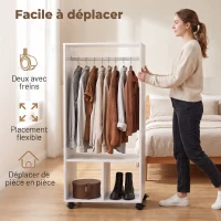 HOMCOM Armoire penderie étagère 2 niches 4 roulettes pivotantes dim. 60L x 40l x 128H cm Blanc(m-5)