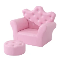 HOMCOM Set Poltrona per Bambini con Poggiapiedi e Bottoni Brillanti, Struttura in Legno con Imbottitura, Rivestimento plastica Rosa(m-11)
