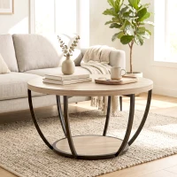 HOMCOM Mesa de Centro Mesa de Café Redonda para Salón con Estante de Almacenaje y Marco de Metal 80x80x43,8 cm Roble(m-2)