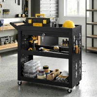 HOMCOM Tool Cart with Lockable Wheels, Rolling Workshop Cart with 3-Tier Trays, Drawer, Pegboards, Black(m-2)