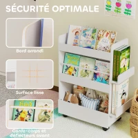 AIYAPLAY Bibliothèque pour enfant avec roulettes, rangement livre enfant de 3 à 8 ans avec tableau noir, 66,5x32,5x86,5cm, blanc(m-7)
