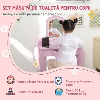 ZONEKIZ Set de toaletă pentru fetițe cu oglindă, scaun și spații de depozitare, din lemn roz(m-4)