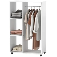 HOMCOM Open Wardrobe on Wheels, Bedroom Wardrobe with Clothes Hanging Rail, 3 Storage Shelves, Mobile Garment Rack for Cloakroom, Hallway, White(m-10)