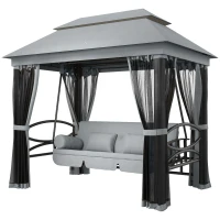 Outsunny 3 Seater Swing Chair 3-in-1 Convertible Garden Swing Seat Bed Gazebo Patio Bench Outdoor with Double Tier Canopy, Cushioned Seat, Mesh Sidewalls, Grey(m-17)