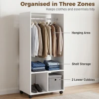 HOMCOM Open Wardrobe on Wheels, Bedroom Wardrobe with Clothes Hanging Rail, 2 Storage Shelves, Mobile Garment Rack for Cloakroom, Hallway, White(m-4)