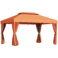 Outsunny Gazebo da Giardino 4x3m con Doppio Tetto e Tende Laterali, Arancione(m-1)