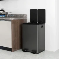 HOMCOM 2 x 28 L Doppelmülleimer, Pedalöffnung, leicht zu reinigen, Edelstahl, Kunststoff, Schwarz(m-9)