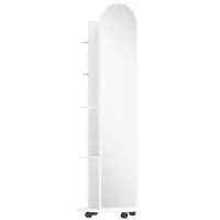 HOMCOM 2-in-1 Full Length Mirror with Storage Shelves, Floor Mirror with 4 Wheels, Coat Rack, Hooks, White(m-1)