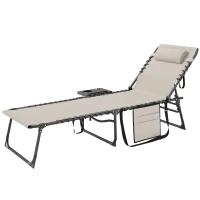 Outsunny Bain de soleil pliante dossier réglable sur 5 niveaux, plateau, appuie-tête, poche latérale 60x190x31cm, crème(m-13)
