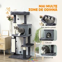 PawHut Ansamblu Multinivel pentru Pisici, 132 cm, cu Căsuță, Culcuș, Stâlpi de Zgâriat, Perie și Minge, Gri Închis(m-4)