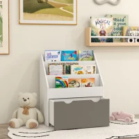 AIYAPLAY Bibliothèque pour enfants Multi-Rangement avec 3 niveaux d'étagères et un tiroir, 62,5L x 30l x 70H cm, gris et blanc(m-10)