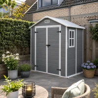 Outsunny Tuinschuur, Gereedschapsschuur met Bodem, Afsluitbare Deuren, Ventilatieopeningen, Venster, Houtlook, Kunststof, Grijs(m-2)