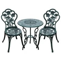 Outsunny Set 3 Pezzi Stile Vintage, Tavolo e 2 Sedie da Giardino in Alluminio, Colore Verde Antico, Decorazioni Floreali(m-1)