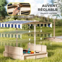 Outsunny Bac à sable carré en bois pour enfants dim. 106L x 106l cm avec bancs et couvercle - auvent réglable(m-4)