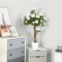 Outsunny Pianta Finta di Rosa da 21 Fiori con Vaso Riempito in Cemento e Muschio, Pianta Artificiale Anti-UV in Plastica e Tessuto, Ø18x90 cm, Bianco e Verde(m-8)