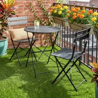 Outsunny Ensemble Bistrot de Jardin 3 Pièces Table et 2 Chaises Pliantes à Lattes Double Protection Antirouille Noir(m-11)