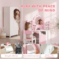 AIYAPLAY Kids Vanity Set, Girls Dressing Table with Stool, 2-Colour Lights Mirror, Cabinet, Drawer and Shelves, Pink(m-6)