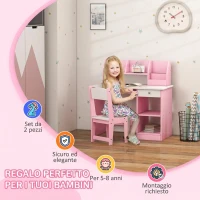 ZONEKIZ Tavolo Scrivania per Bambini 5-8 Anni con Sedia, Scaffale, Mensola Estraibile e Cassetto, Rosa(m-6)