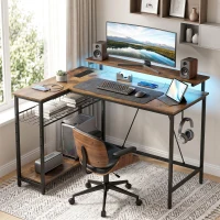 HOMCOM Reversible 'L' LED Light Gaming/Work Desk - Rustic Brown(m-8)