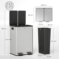 HOMCOM 2 x 28 L Doppelmülleimer, Pedalöffnung, leicht zu reinigen, Edelstahl, Kunststoff, Silber(m-3)