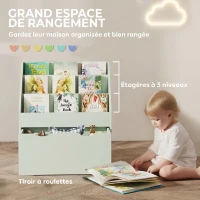 AIYAPLAY Bibliothèque pour enfants Multi-Rangement avec 3 niveaux d'étagères et un tiroir, 62,5L x 30l x 70H cm, vert(m-4)