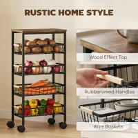 HOMCOM Metal Kitchen Trolley, 4-Tier Storage Trolley with Pull-Out Baskets and 4 Swivel Casters for Kitchen, Rustic Brown(m-6)