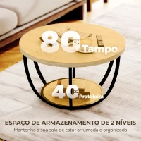 HOMCOM Mesa de Centro Redonda para Sala com Prateleira e Estrutura Metálica 80x80x43,8 cm Carvalho(m-5)