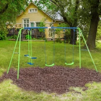 Outsunny Balançoire portique pour enfant 3 en 1 avec 1 balançoire face à face et 2 sièges de balancelle, balançoire enfant extérieur cadre en A métal, hauteur réglable, charge 180kg, 3+ans, vert(m-10)
