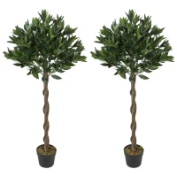 Outsunny Artificial Bay Laurel Topiary Trees with Twisted Trunk, Realistic Lush Topiary Ball Tree with Weighted Pot, Set of 2(m-14)
