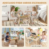 AIYAPLAY Juego de Mesa y 2 Sillas Infantiles de Madera con Compartimentos y Pizarra Desmontable 60x60x44 cm Natural y Blanco(m-7)