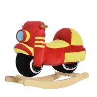 HOMCOM Cavallo a Dondolo per Bambini 18-36 Mesi a Forma di Moto, Cavallo per Bambini Cavalcabile in Legno e Peluche, Suoni Realistici, Max. 40kg, Rosso e Giallo(m-1)