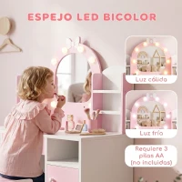 AIYAPLAY Tocador de Maquillaje Niña con Espejo de LED de 2 Colores Taburete 2 Armarios Cajón Estantes Compartimento Rosa(m-4)