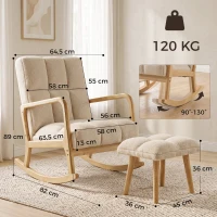 HOMCOM Fotoliu balansoar cu ottoman, rocking chair din țesătură bouclette, picioare din lemn, 64,5 x 82 x 89 cm, Bej(m-3)