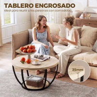 HOMCOM Mesa de Centro Mesa de Café Redonda para Salón con Estante de Almacenaje y Marco de Metal 80x80x43,8 cm Roble(m-6)