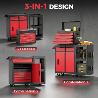 HOMCOM Tool Chest, Mobile Modular Tool Box with 5 Drawers, Side Rack, Pegboard, Lock, Tool Cabinet for Garage Workshop, Red(m-4)