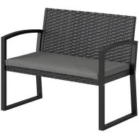 Outsunny Banc de jardin 2 places, banc d'extérieur en résine tressée PE avec coussin, acier galvanisé, 103x58x78cm, gris et noir(m-12)