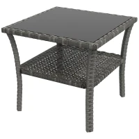 Outsunny Table d'appoint en résine tressée 2 niveaux 50x50x45cm, table basse de jardin carrée plateau en verre trempé, gris(m-1)