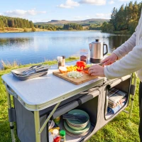 Outsunny 4ft Folding Camping Cupboard Kitchen, Height Adjustable Aluminium Camping Table with Storage, Lightweight Picnic Table for Outdoor Garden BBQ Party(m-8)