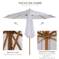 Outsunny Ombrellone da Giardino 3x2.5 m con Palo in Legno a 8 Stecche, in Bambù, Legno e Poliestere, Bianco(m-5)