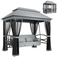 Outsunny 3 Seater Swing Chair 3-in-1 Convertible Garden Swing Seat Bed Gazebo Patio Bench Outdoor with Double Tier Canopy, Cushioned Seat, Mesh Sidewalls, Grey(m-1)
