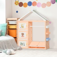 HOMCOM Armadio Cameretta, Mobile Portagiochi con Contenitori e Appendiabiti in PE Arancione, 128x34x155cm(m-10)