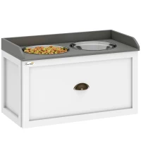 PawHut Gamelle double chien chat - porte-gamelles surélevé rangement 2 en 1 - tiroir, 2 gamelles - acier inox. MDF blanc gris(m-1)