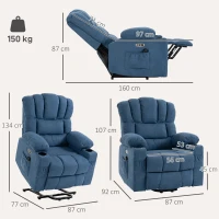 HOMCOM Sillón Relax Reclinable Eléctrico Levanta Personas Masaje Vibratorio y Calor Asiento Ancho USB-C USB-A Bolsillos Azul(m-3)