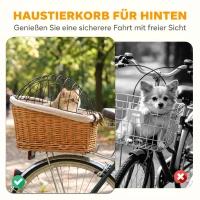 PawHut Fahrradkorb für Hunde & Katzen, Handgeflochtener Tierkorb mit Metallabdeckung & weichem Kissen, Hellbraun(m-4)