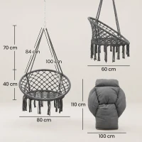 Outsunny Chaise suspendue avec grand coussin rembourré hamac fauteuil suspendu à franges kit de suspension 80 x 60 x 40 cm gris foncé(m-3)