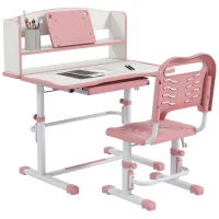 ZONEKIZ Set Scrivania per Bambini con Sedia Regolabile in Altezza e Piano Inclinabile, Età 6-12 Anni, Rosa(m-1)