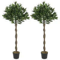 Outsunny Artificial Bay Laurel Topiary Trees with Twisted Trunk, Realistic Lush Topiary Ball Tree with Weighted Pot, Set of 2(m-1)